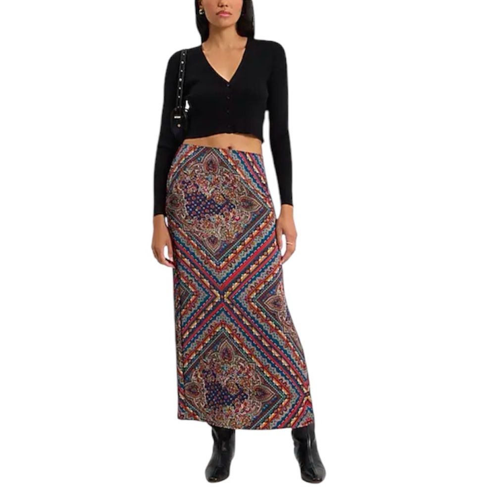 NWT High Waisted Satin Paisley Side Slit Maxi Skirt, Size Large